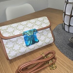 Chic White and Tan Clutch with Blue Accent